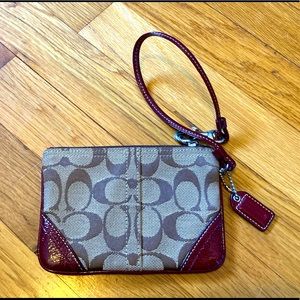 Coach Wristlet Clutch Purse Maroon or Cranberry and Tan